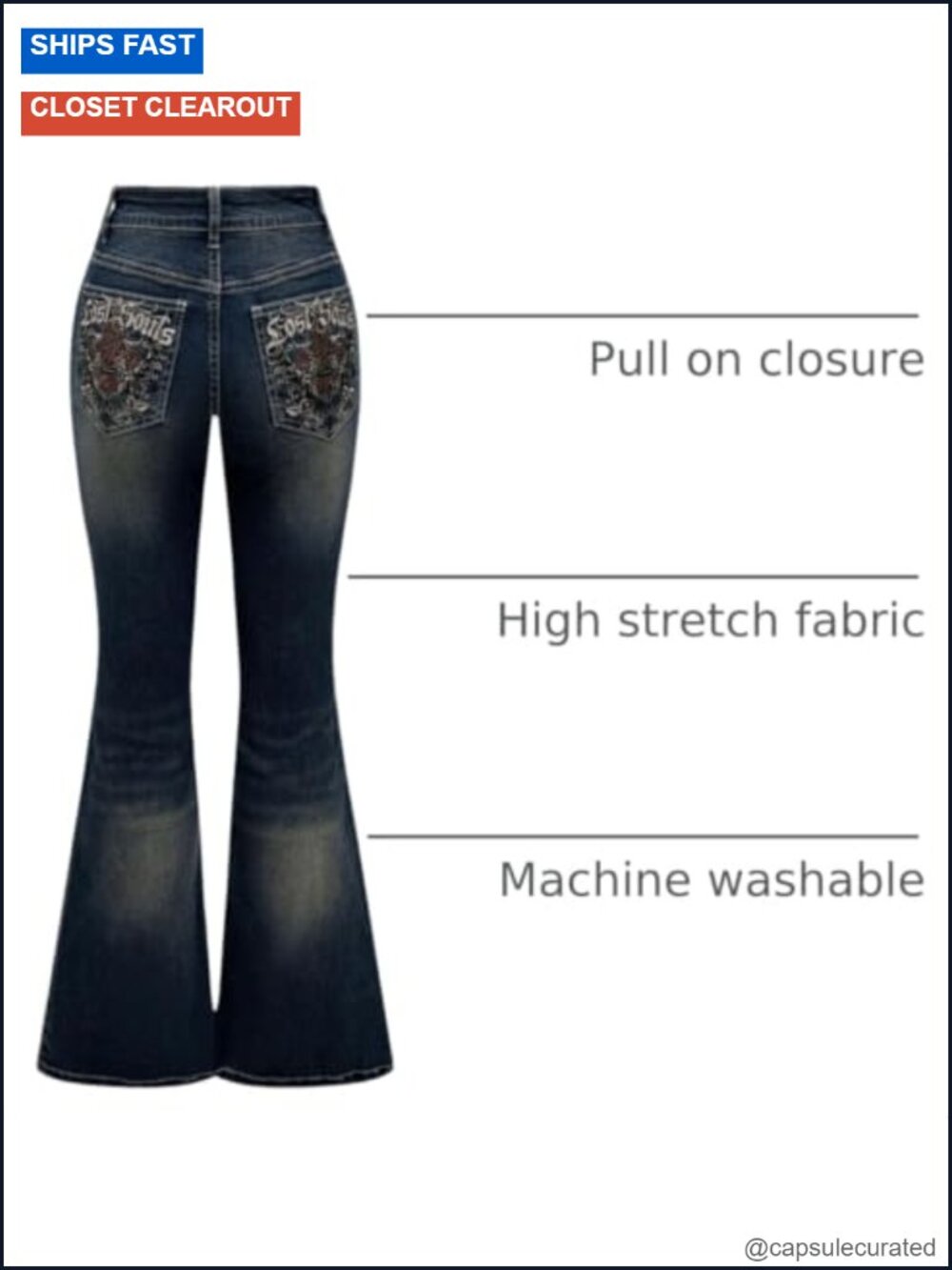 Bell Bottom Jeans Stretchy Embroidered Flared Y2K Goth High Waist Denim Pants - Picture 3 of 5